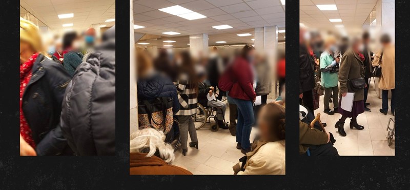 People wait for vaccination in a crowd at South Pest Hospital